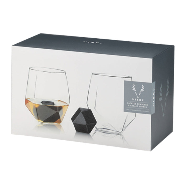 4-Piece Faceted Tumbler & Hexagonal Basalt Stone Set by Viski (9047)