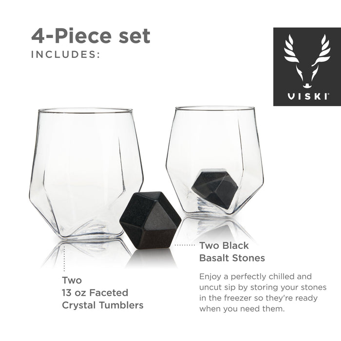 4-Piece Faceted Tumbler & Hexagonal Basalt Stone Set by Viski (9047)