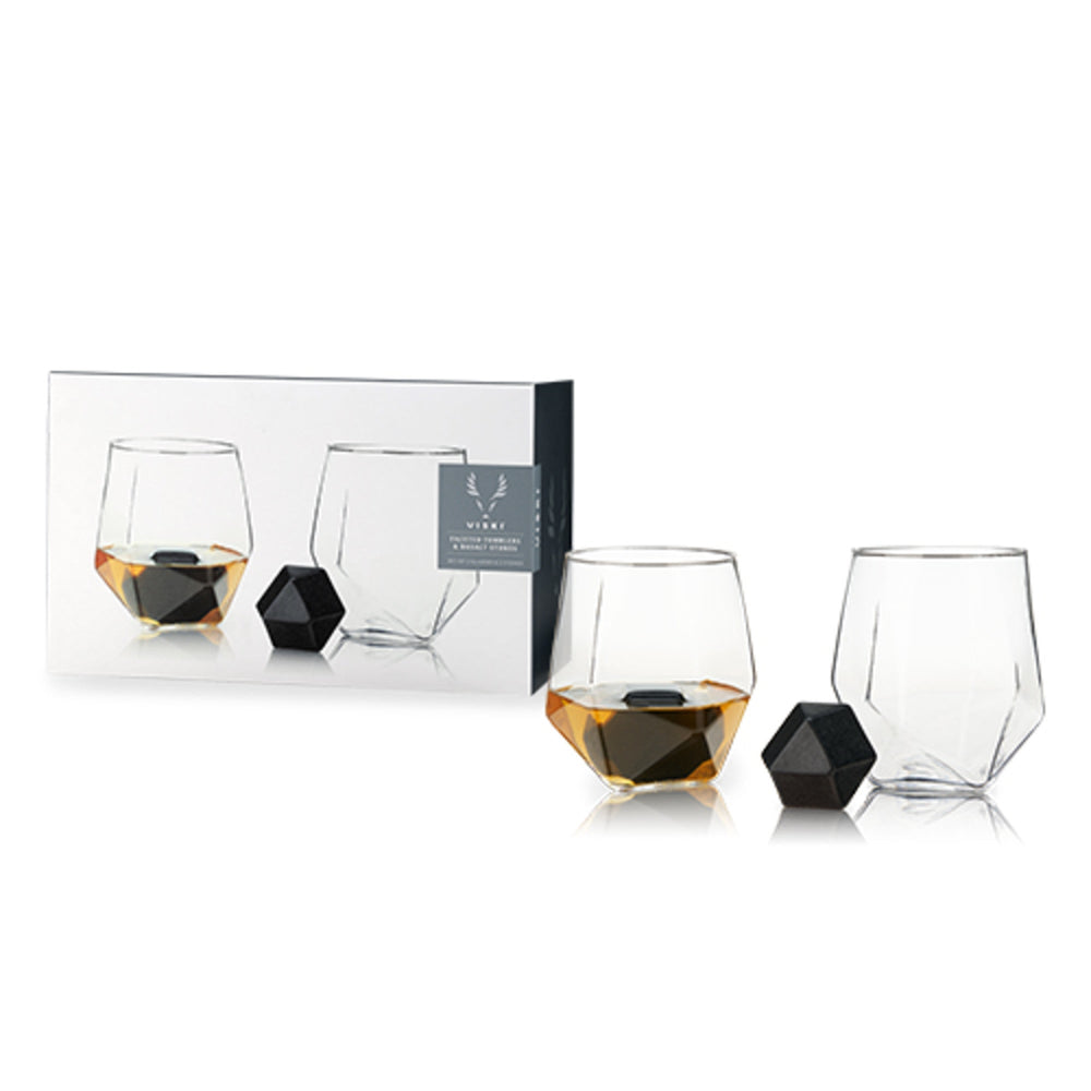 4-Piece Faceted Tumbler & Hexagonal Basalt Stone Set by Viski (9047)