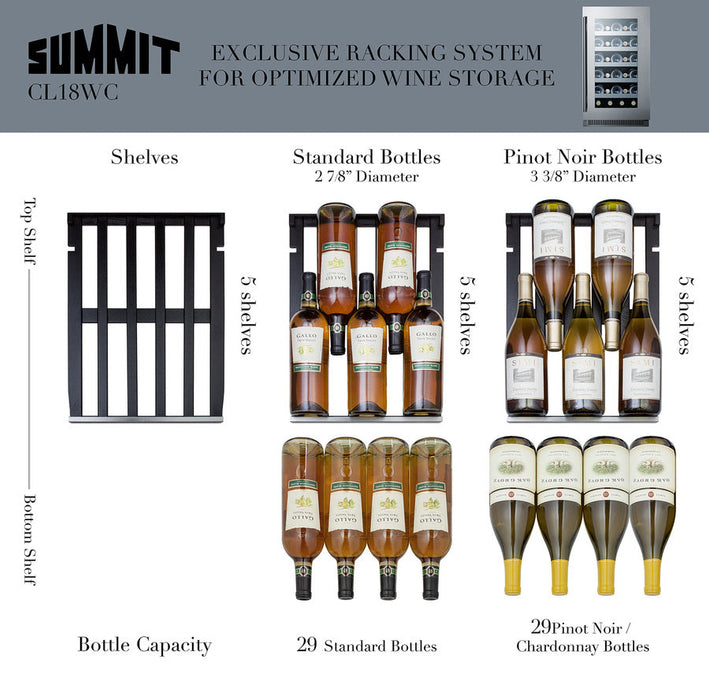 Summit - 18" 29-Bottle Single-Zone Stainless Steel Tempered Glass Door Wine Cooler, Black/Stainless Steel Wrapped Cabinet, Reversible Door (CL18WC)