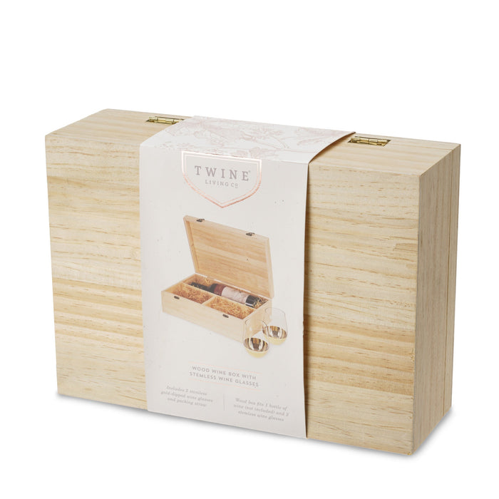 Wood Wine Box with Set of 2 Stemless Glasses by Twine Living