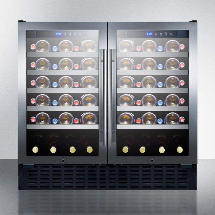 Summit - 36" 68-Bottle Dual-Zone ADA Compliant Built-in Undercounter Wine Cooler w/ Stainless Steel Glass French Door Trim (SWC3668ADA)