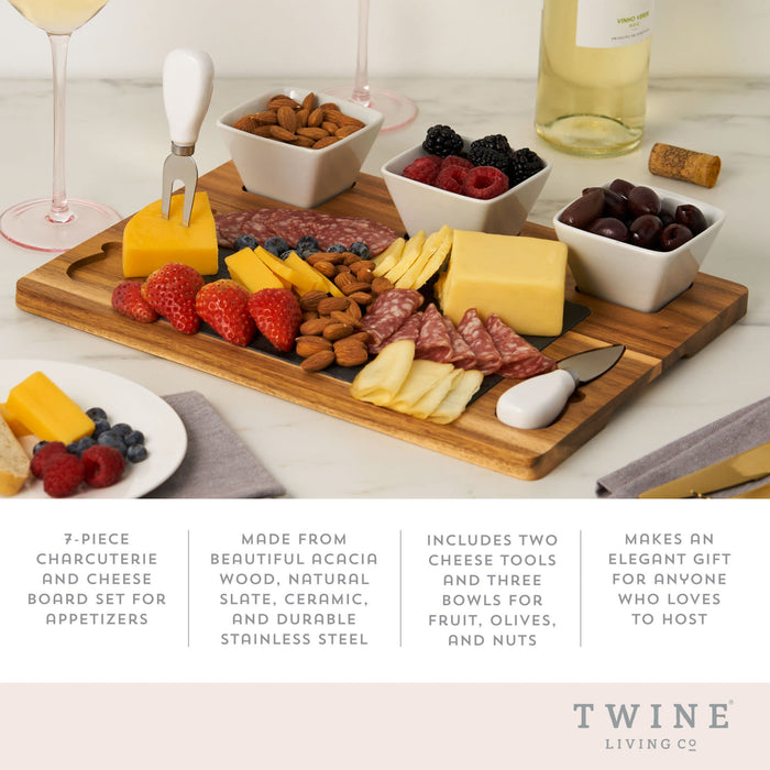 Acacia & Slate Cheese Board Set w/Ceramic Bowls by Twine Living